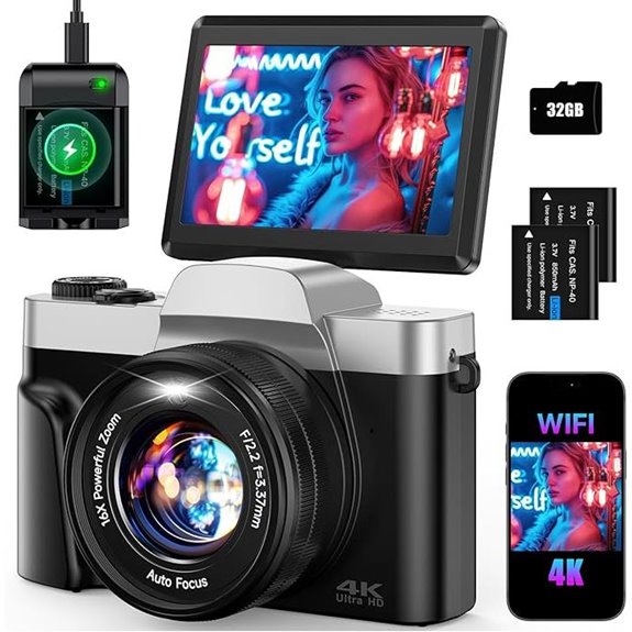 4K Digital Camera with 64MP WiFi Flip Screen