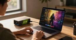 M5 Max MacBook Pro paired with RTX 5090 in an eGPU dock — runs Cyberpunk 2077 at over 100 FPS at max settings with frame generation