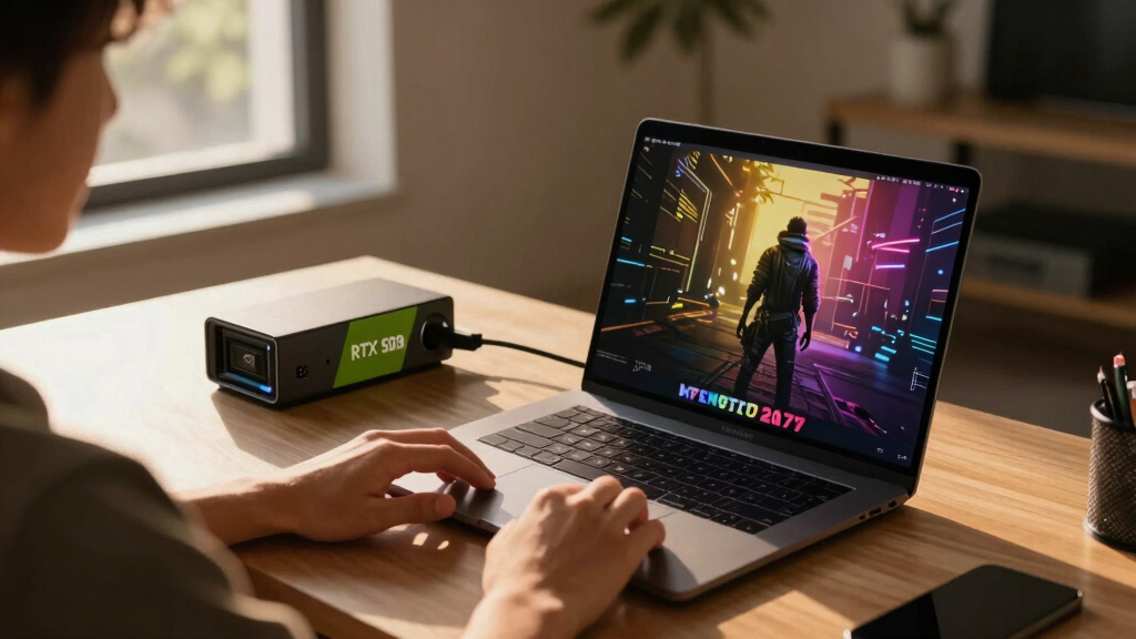 M5 Max MacBook Pro paired with RTX 5090 in an eGPU dock — runs Cyberpunk 2077 at over 100 FPS at max settings with frame generation