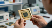 Russia’s Mikron is selling framed test wafers with up to 120,000 processors as souvenirs — 12 designs, priced around $170 each, sold alongside $2 vials of cleanroom air