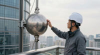 This 1000-ton tuned mass damper at the top of Shanghai Tower (632m) stabilizes the skyscraper during earthquake and typhoon by counteracting the building’s sway.