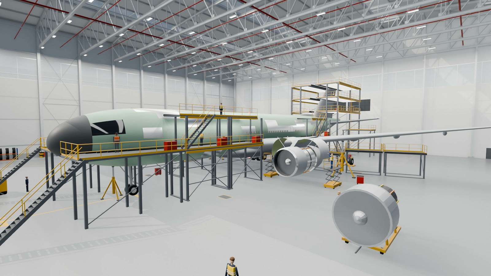 Rendered aircraft maintenance hangar with an airliner in a yellow work dock, one engine on a stand and technicians on platforms
